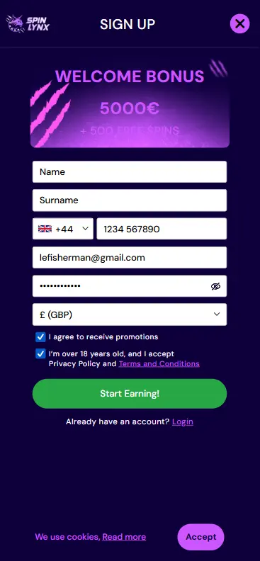 Account registration form at a casino offering Le Fisherman for real money