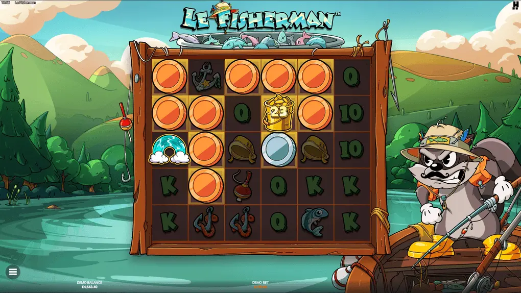 Le Fisherman Bucket symbol collecting coin values from surrounding positions