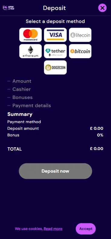 Casino deposit screen for funding an account to play Le Fisherman