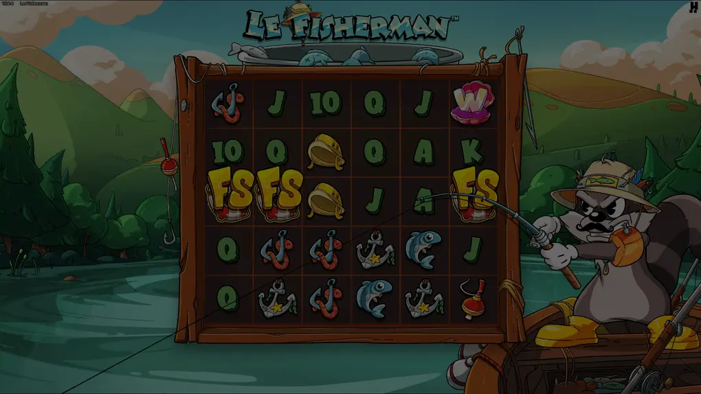 Le Fisherman & Le Catcher slot demo window showing Smokey fishing with Golden Squares on the grid