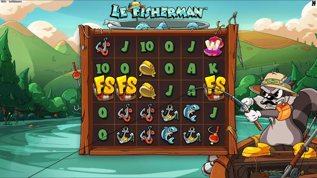 Le Fisherman slot base game showing Smokey at a lakeside with the full 6x5 grid visible