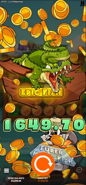 Le Fisherman 15,000x max win screen showing the top prize achieved