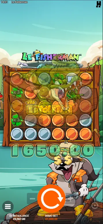 Le Fisherman & Le Catcher Rainbow symbol landing and revealing coins across Golden Squares
